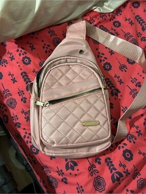 Quilted Blush Pink Crossbody Sling Bag with Gold Accents - Unbranded